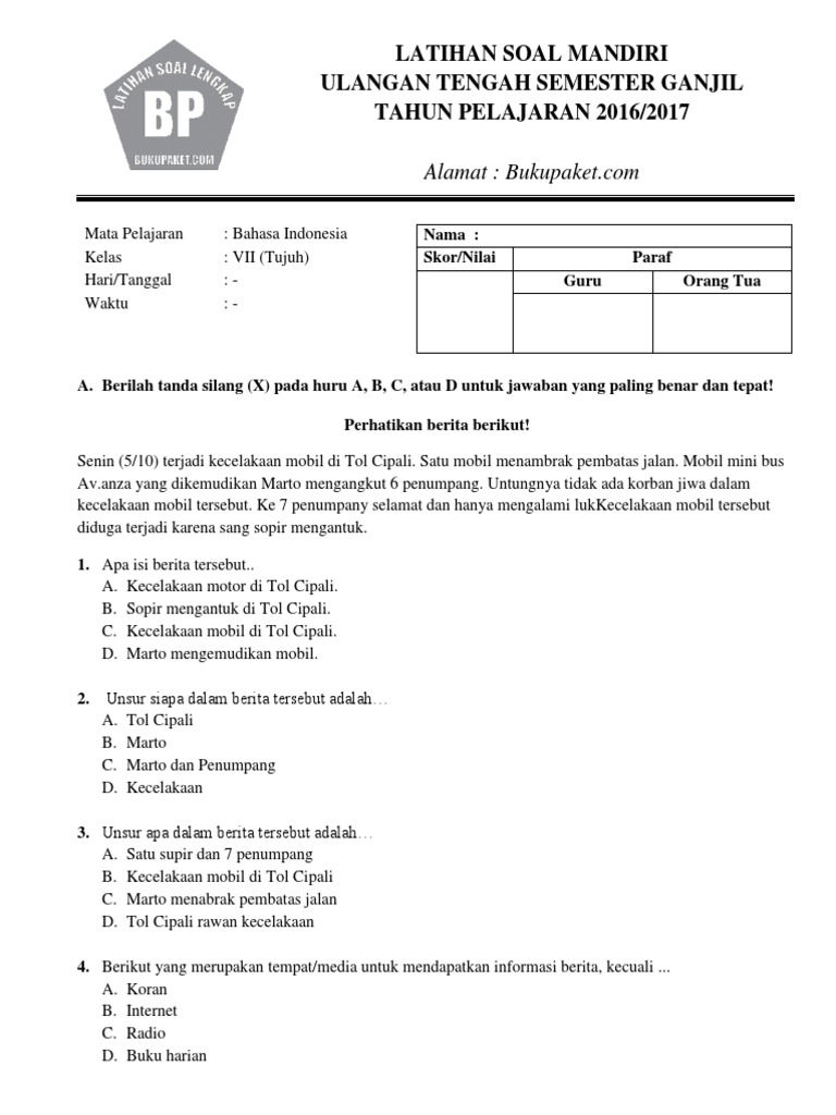 Latihan Soal UTS Bahasa Indonesia Kelas 7 Semester 1