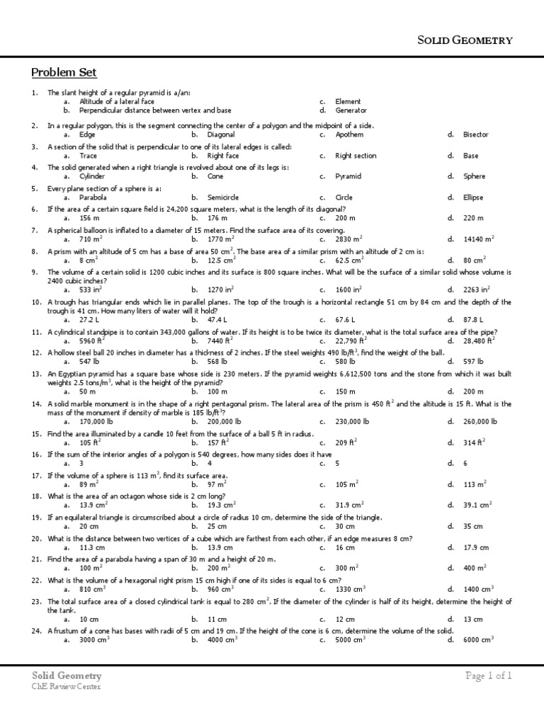 Problem Set Solid Geometry Pdf Area Volume