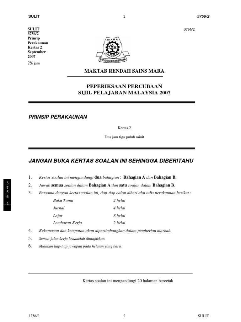 SPM Percubaan 2007 MRSM Prinsip Perakaunan Kertas 2