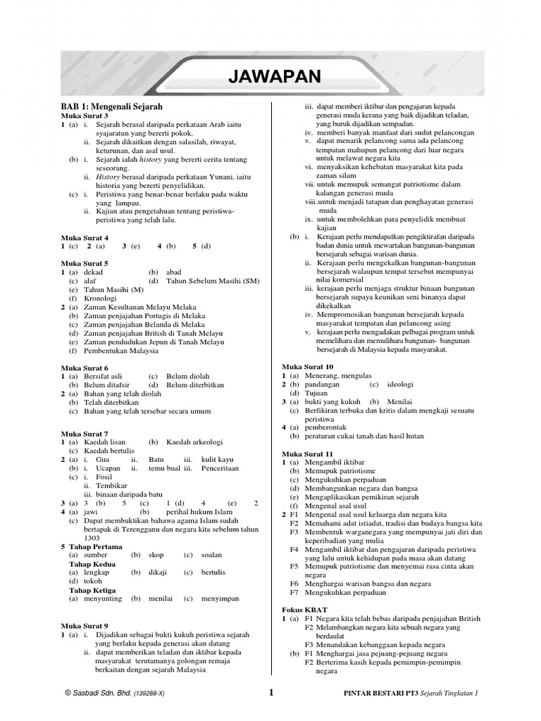 Jawapan Buku Kerja Sejarah Tingkatan 1