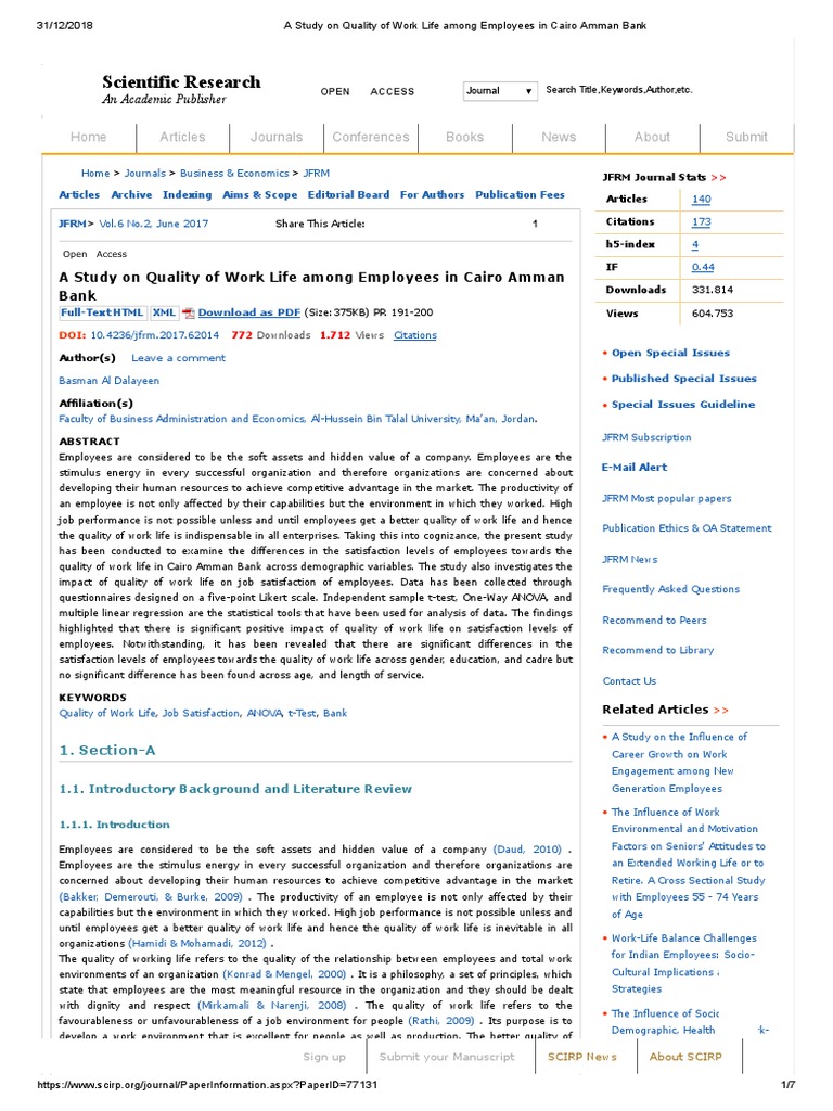 A Study On Quality of Work Life Among Employees in Cairo Amman Bank ...