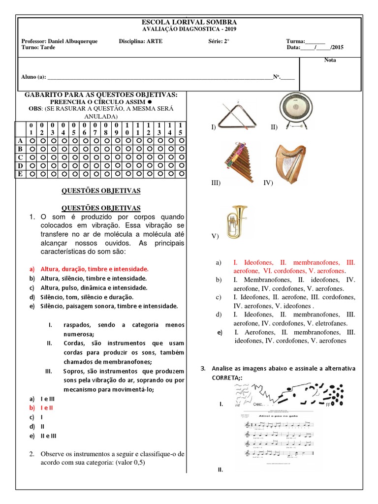 Gabarito de Avaliação Musical 4º Ano | PDF | Instrumentos de corda ...
