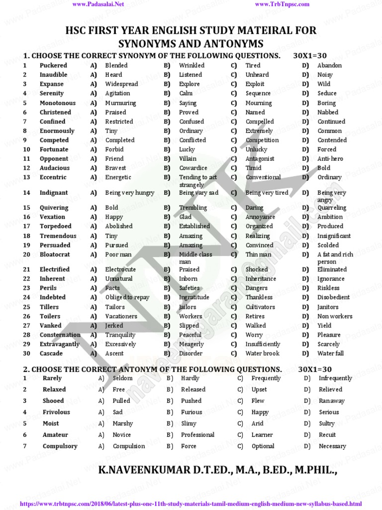11th English Synonyms Transformation Study Material PDF Leisure