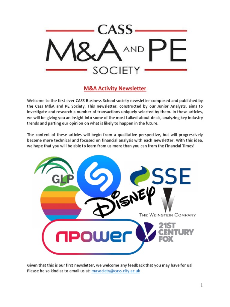 Cass M&A Newsletter: Apple & Disney Deals | PDF | Mergers And ...
