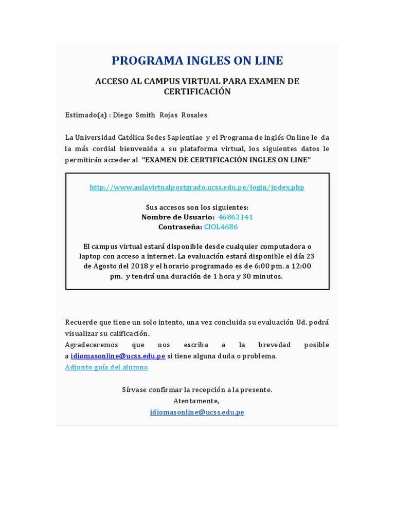 Acceso al Examen de Certificación de Inglés | PDF