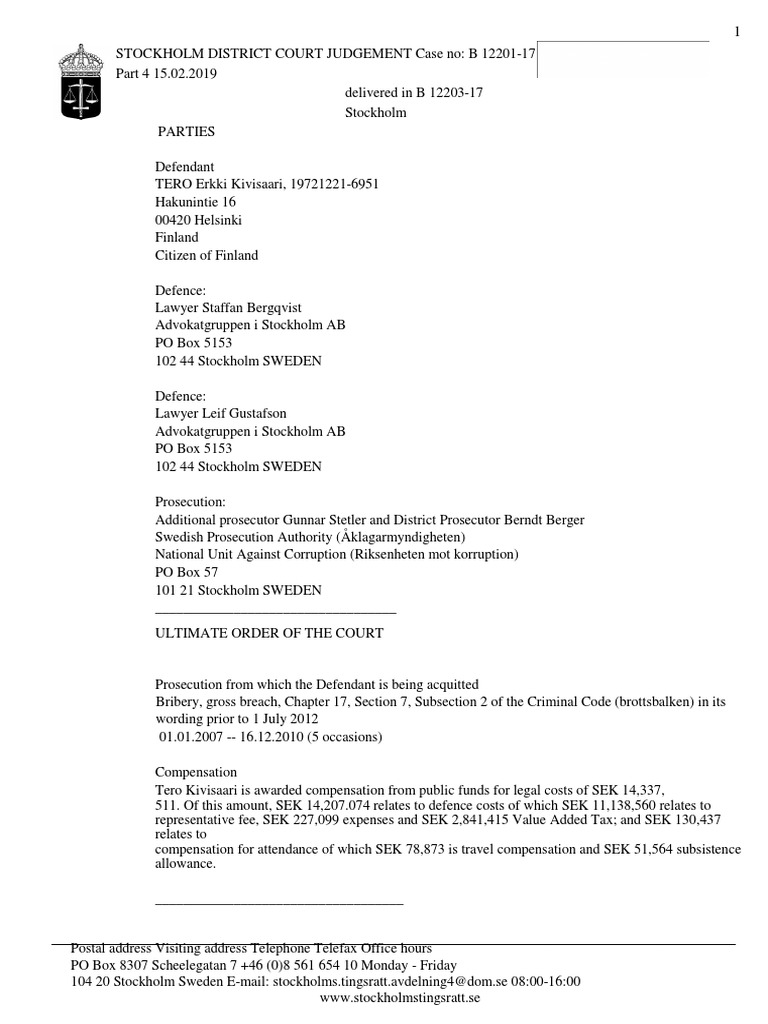 Swedish Court Decision Re Telia Execs | PDF | Prosecutor | Bribery