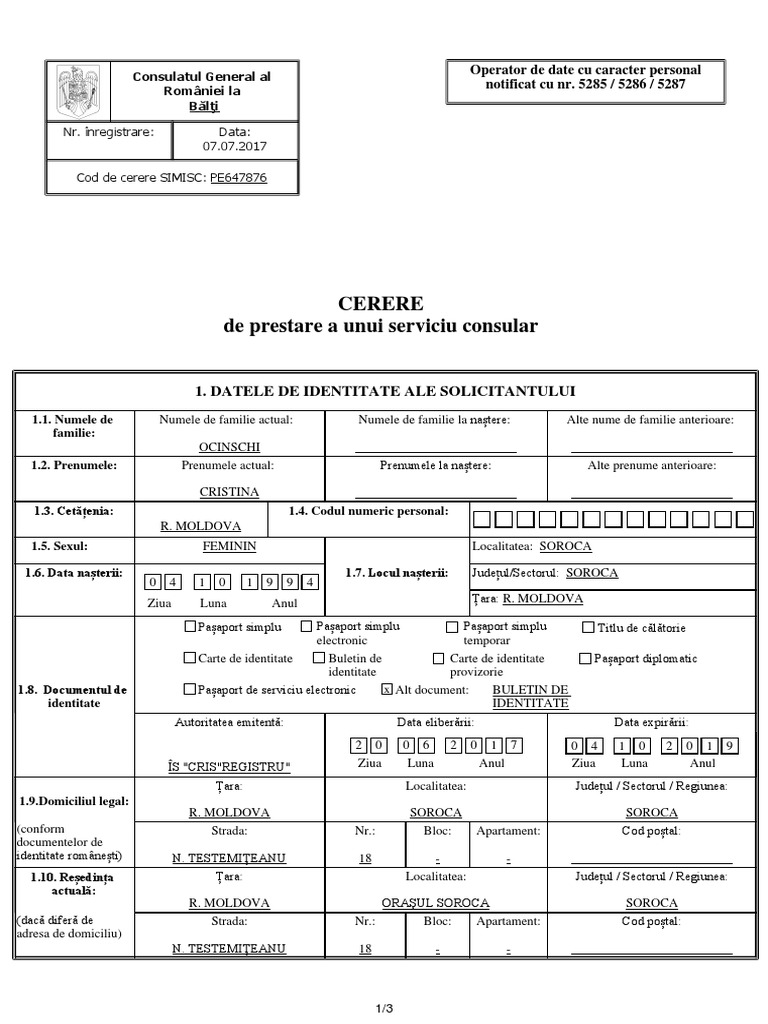 Cerere Servicii Consulare Depunere Dosar Redobã Ndire | PDF | Official ...