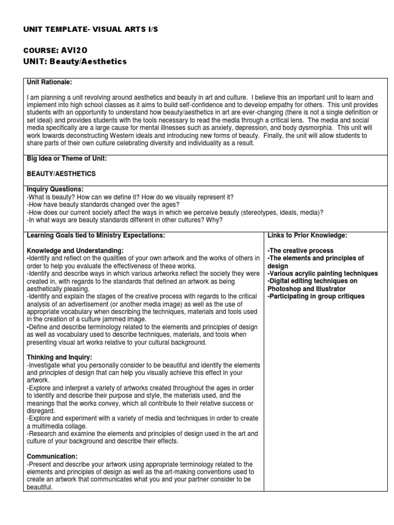 Unit Plan Beauty Weebly | PDF | Aesthetics | Beauty