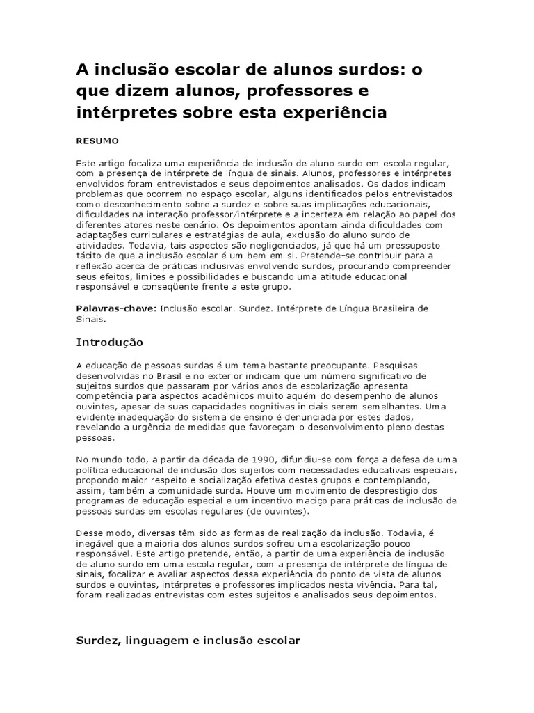 PDF) A INCLUSÃO ESCOLAR DA PESSOA SURDA E A FORMAÇÃO DE PROFESSORES