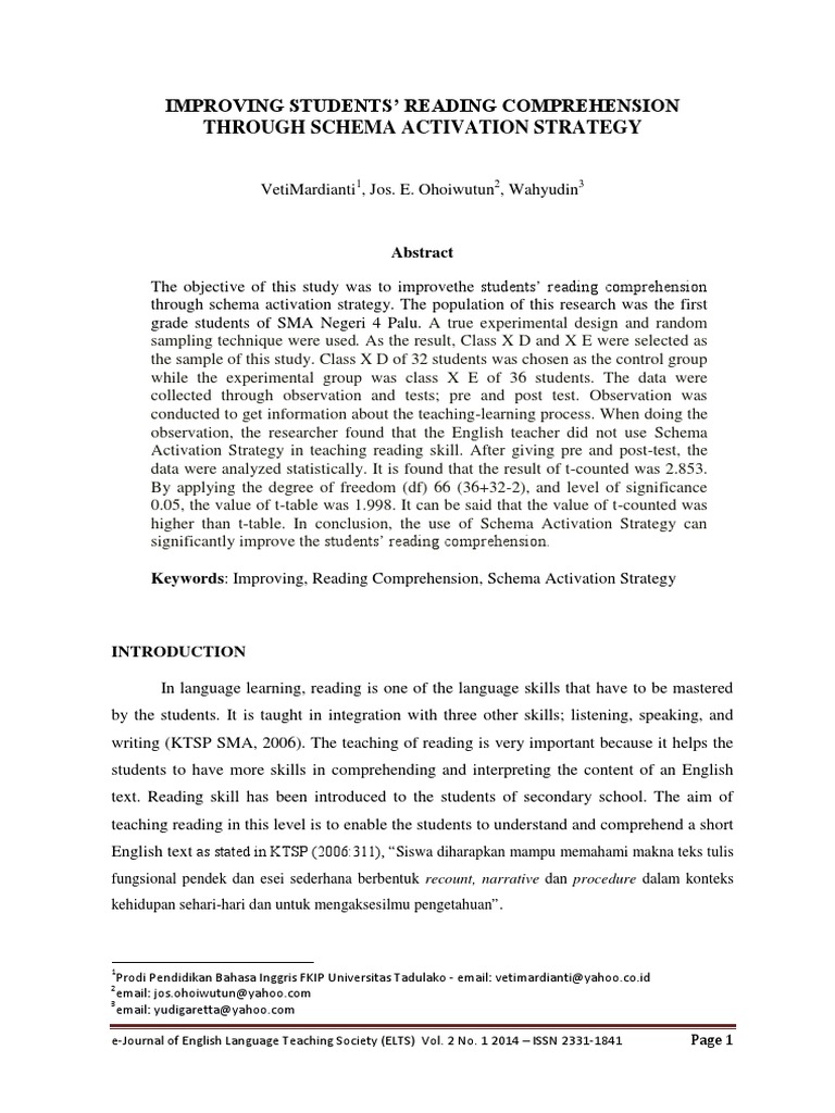 Improving Students' Reading Comprehension Through Schema Activation ...