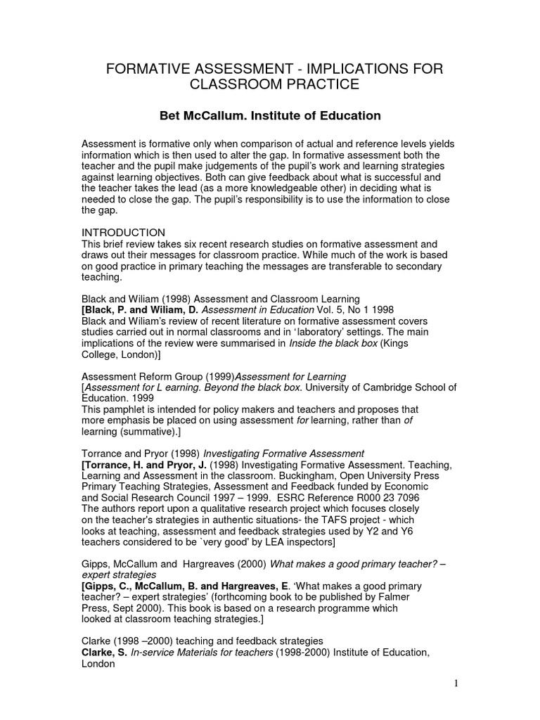 Formative Assessment in Classroom Practice | PDF | Educational ...