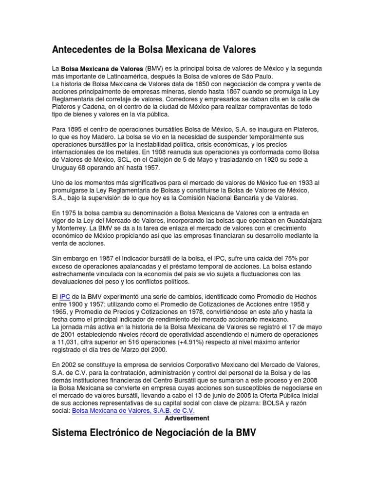 Historia y Funciones de la BMV | PDF | Bolsa | Bolsa de Valores