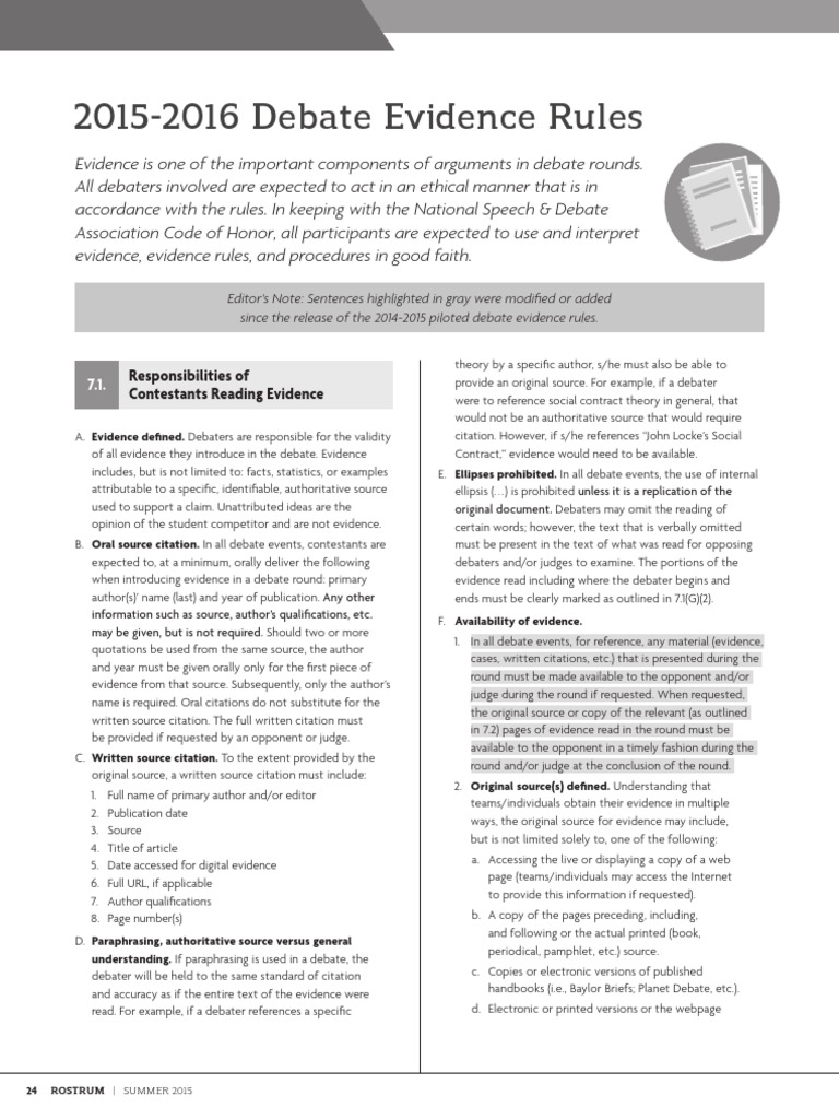 Debate Evidence Rules 2015 2016 Pdf Evidence Citation