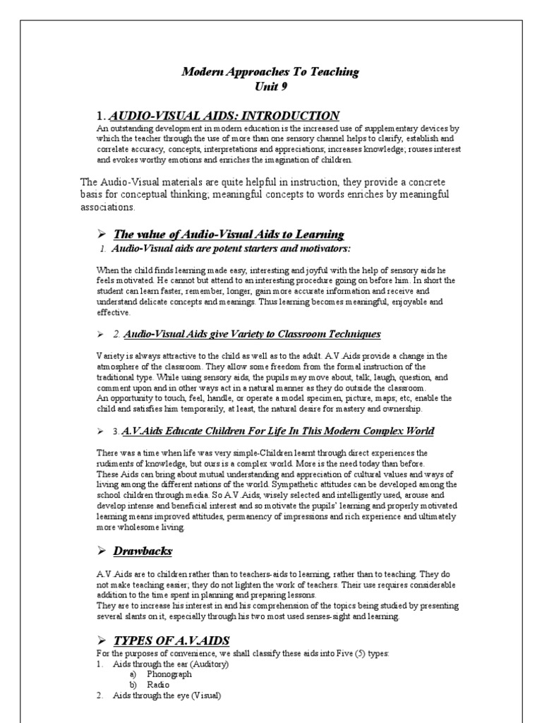 AudioVisual Aids Introduction Modern Approaches To Teaching Unit 9 PDF Teachers Classroom