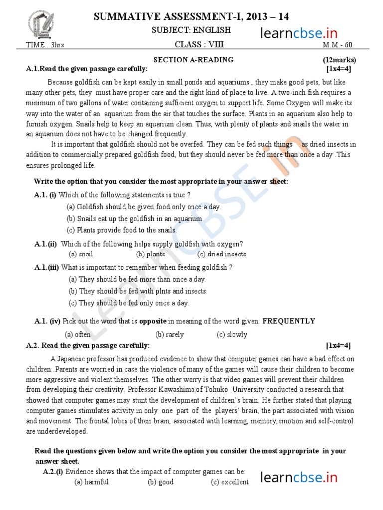 Cbse Class 8 English Sample Paper Sa1 2014 PDF PDF Aquarium Video