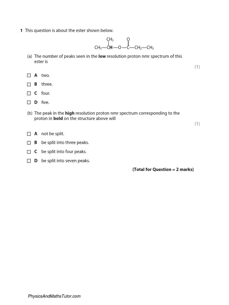 NMR Spectroscopy Questions PDF Proton Nuclear Resonance