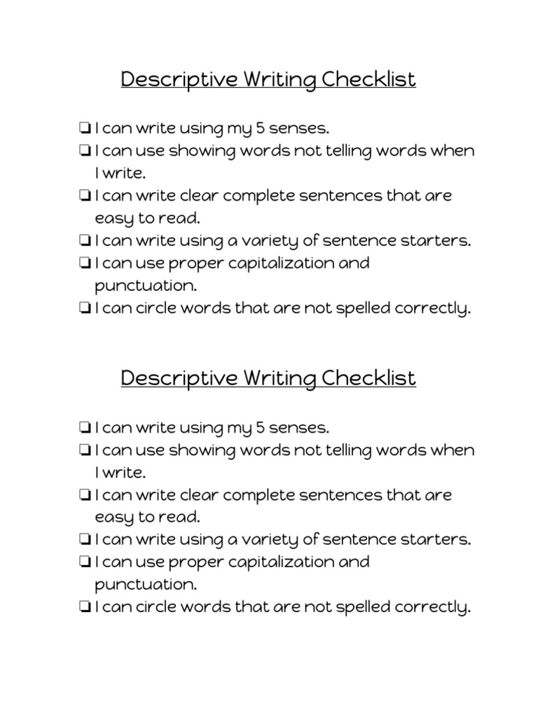Descriptive Writing Checklist PDF