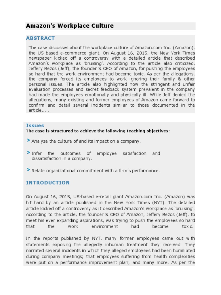 Amazon's Workplace Culture: The Case Is Structured To Achieve The ...