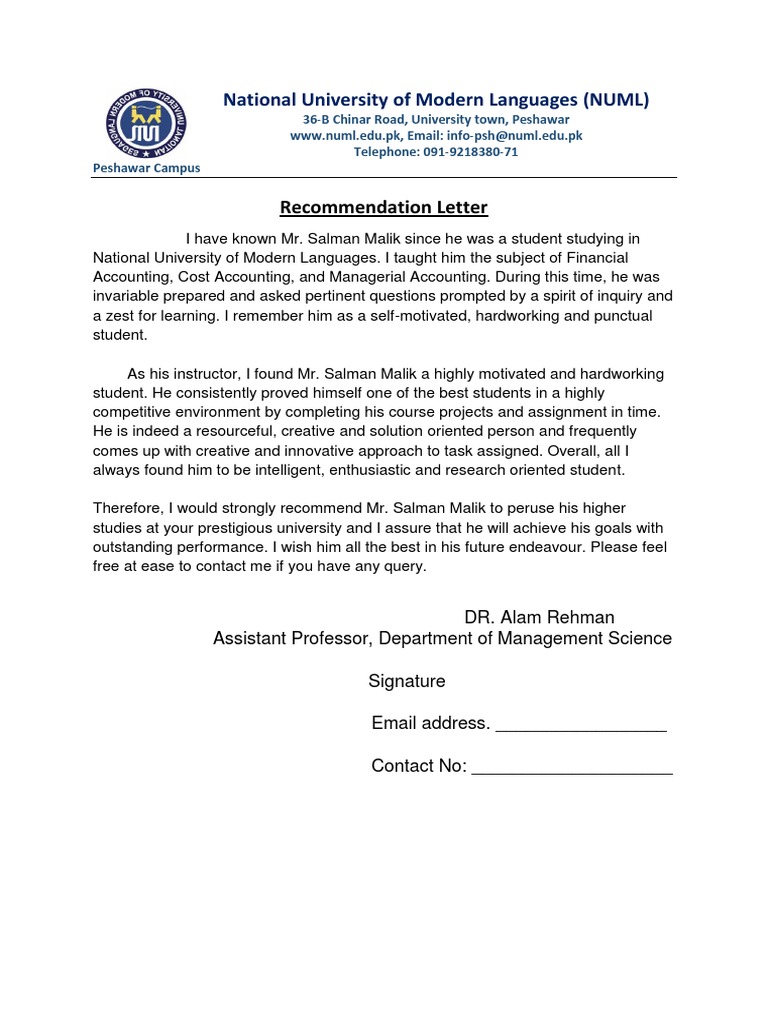 Recommendation Letter for Salman Malik | PDF | Behavior Modification ...