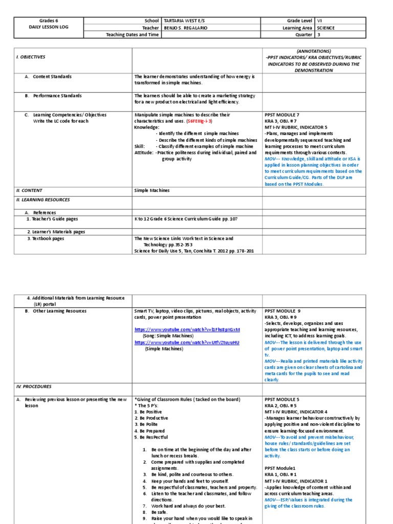 Cot DLP Science 6Simple Machines With Annotations PDF Learning