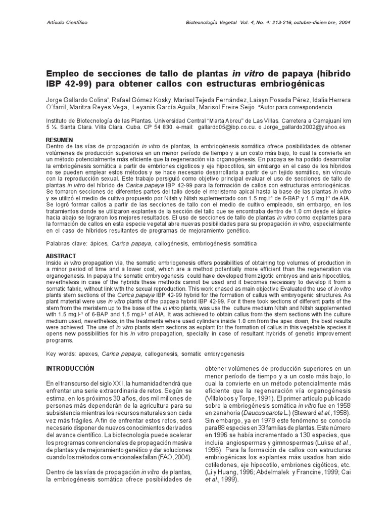 Papaya in Vitro PDF Plantas Tallo de la planta