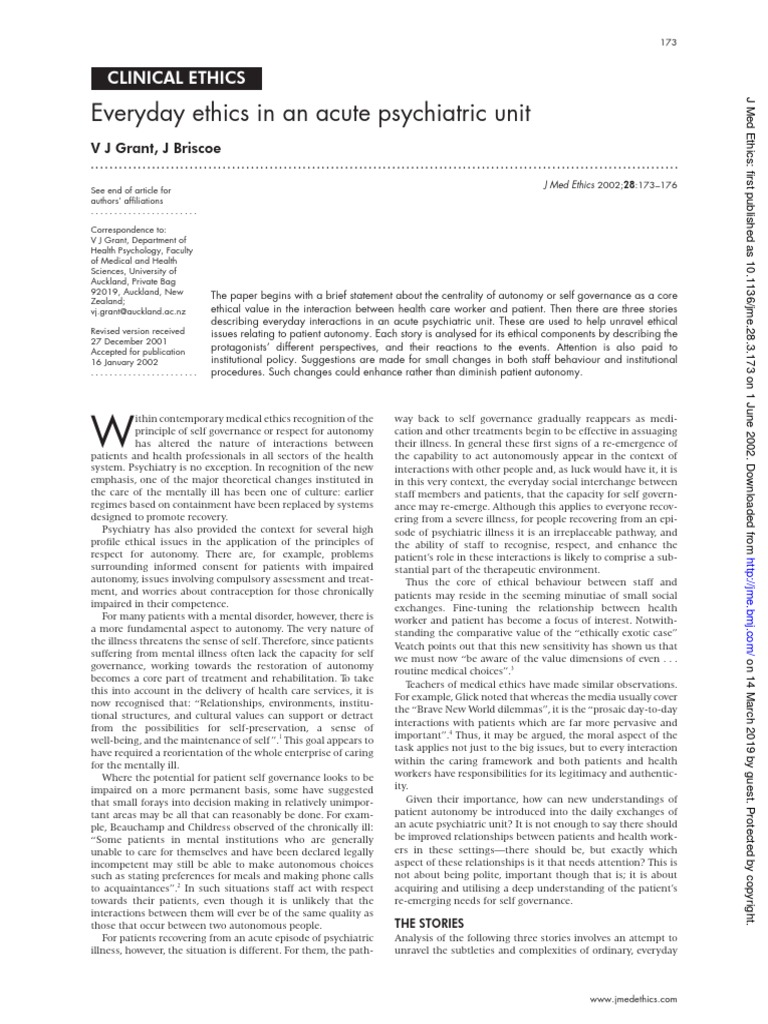 Everyday Ethics in An Acute Psychiatric Unit PDF Autonomy Psychiatry