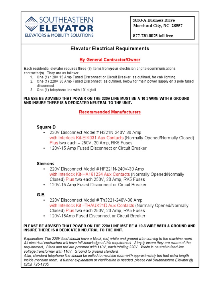 Elevator Electrical Requirements 5050A Business Drive Morehead City