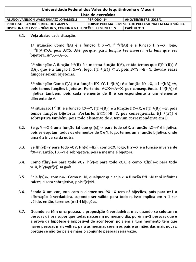 Lista De Exercicios 3 Ma11 Funcao Matematica Conjunto Matematica