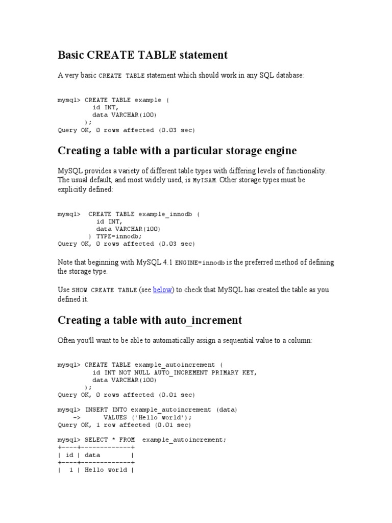 Basic CREATE TABLE Mysql Statement | PDF | Table (Database ...