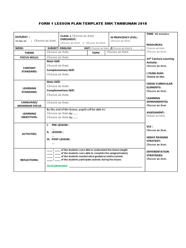 Choose An Item. Choose An Item. Form 1 Lesson Plan Template SMK