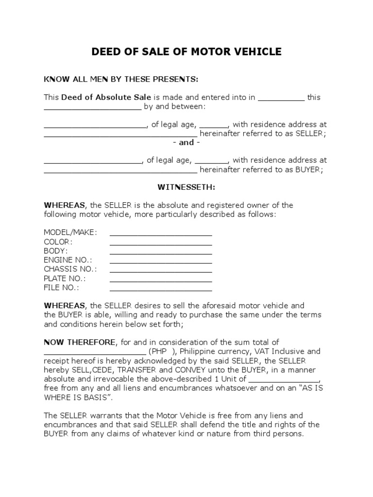 Deed of Sale for Motor Vehicle Sample | PDF | Deed | Prop…