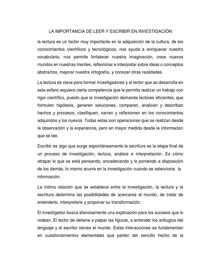 Importancia de leer y escribir en investigación | PDF | Escritura ...