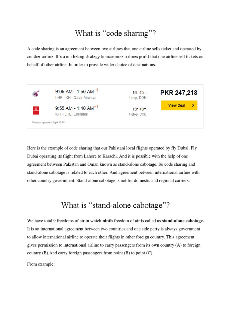 An Explanation of Code Sharing and StandAlone Cabotage Agreements Between Airlines and