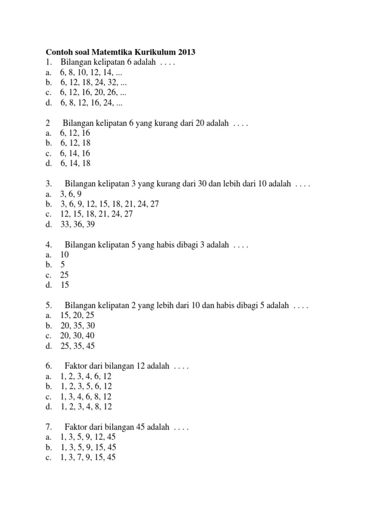 Contoh Soal Matemtika Kurikulum 2013