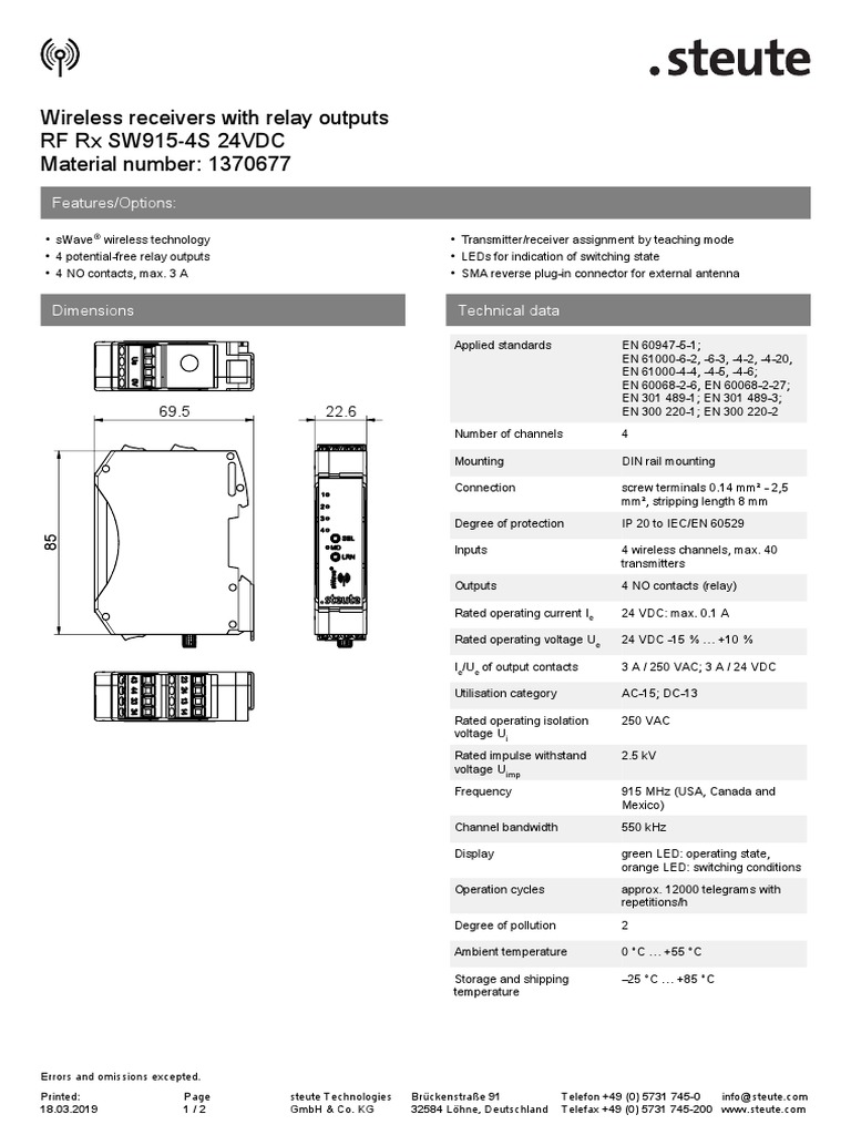 Wireless Receivers With Relay Outputs RF RX SW915-4S 24VDC Material ...