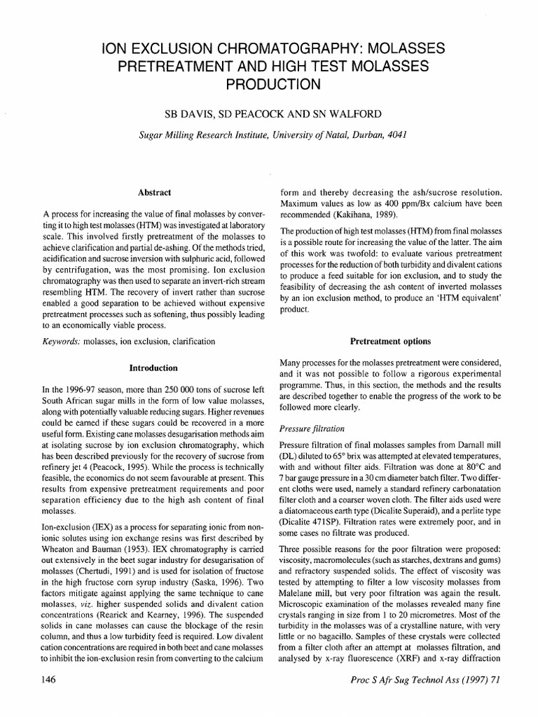 Ion Exclusion Chromatography Molasses Pretreatment and High Test