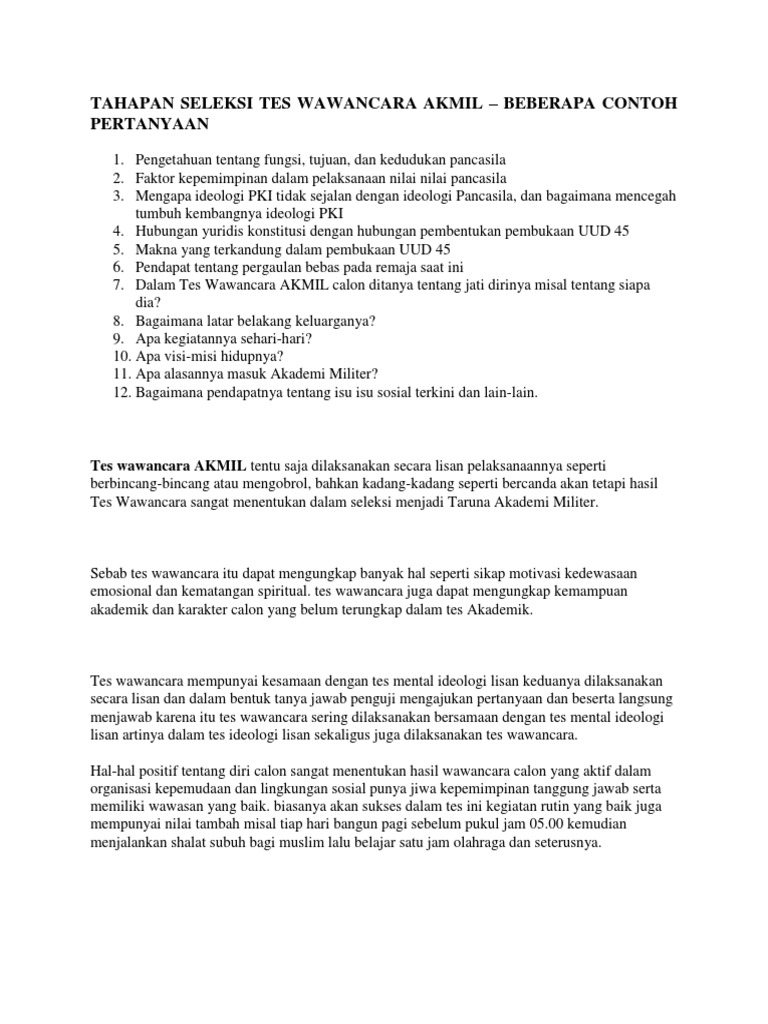 Tahapan Seleksi Tes Wawancara Akmil Docx