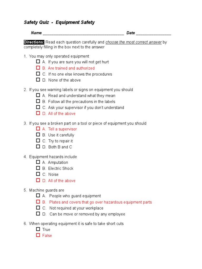 Safety Quiz - Equipment Answer Key | PDF | Prevention | Safety