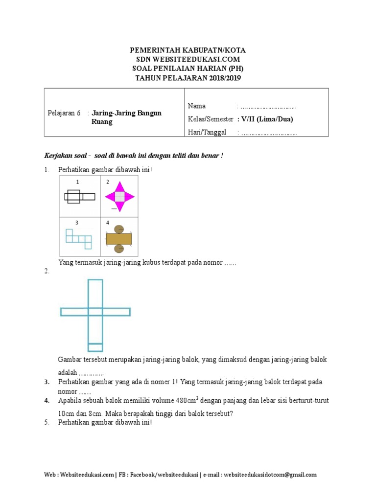 Soal PH Kelas 5 Semester 2 Jaringjaring Bangun Ruang