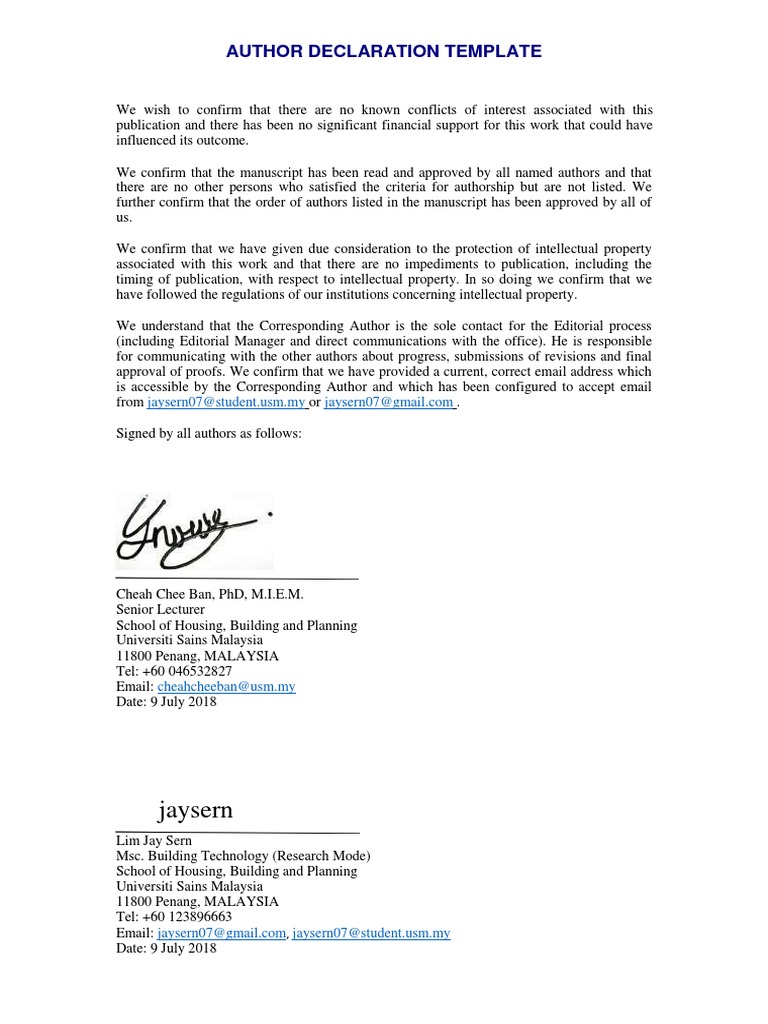 Author Declaration Template for Publication | PDF