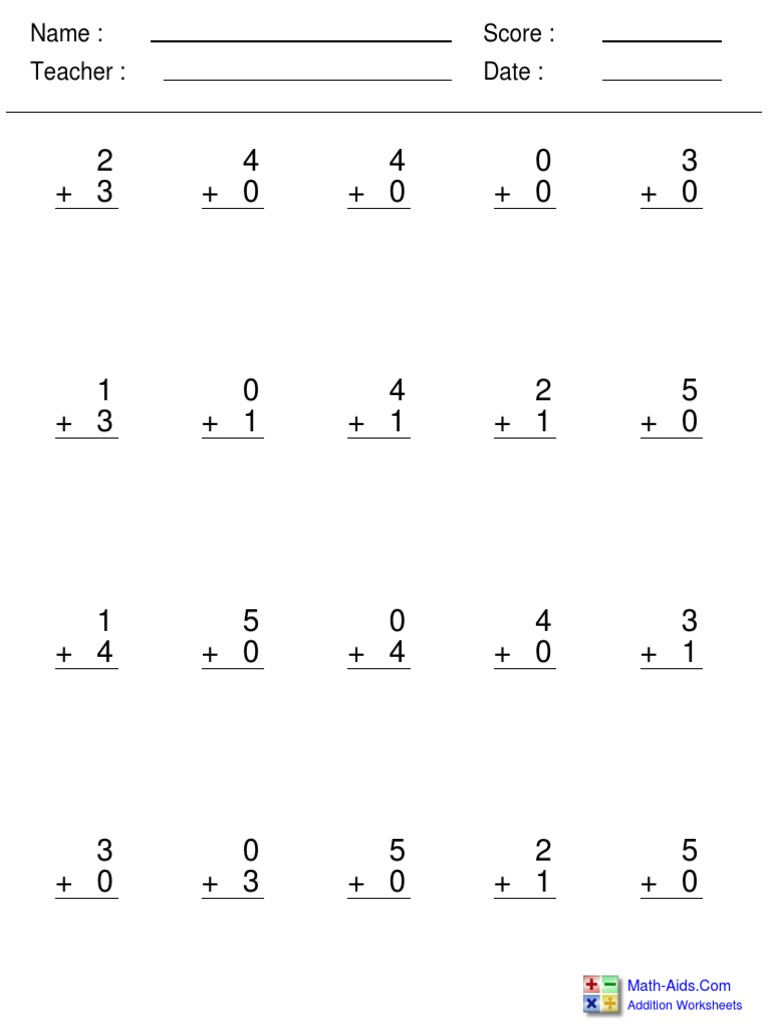 Name: Teacher: Date: Score:: Addition Worksheets | PDF