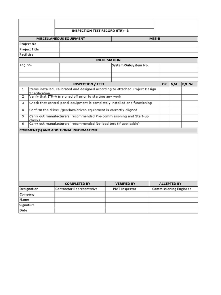 ITR-B Inspection Test Record for M35-B | PDF