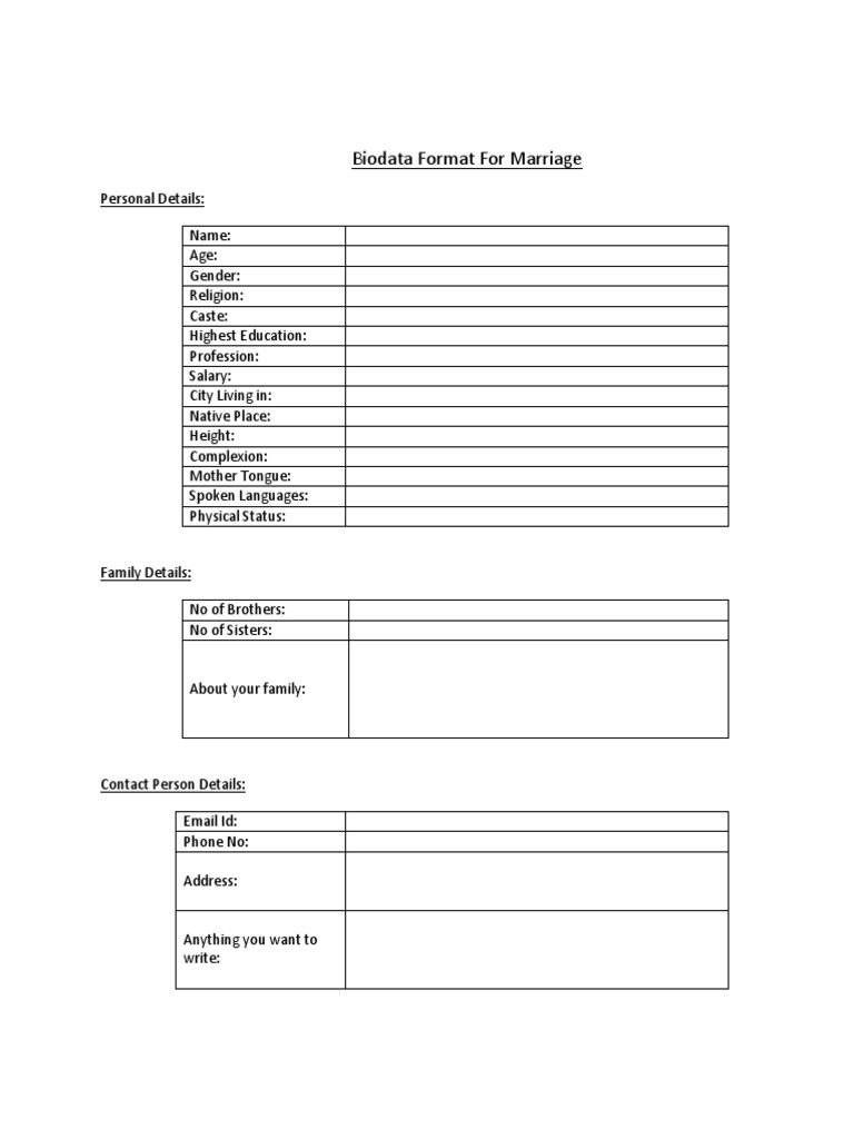 Marriage Biodata Format Template | PDF | Social Science