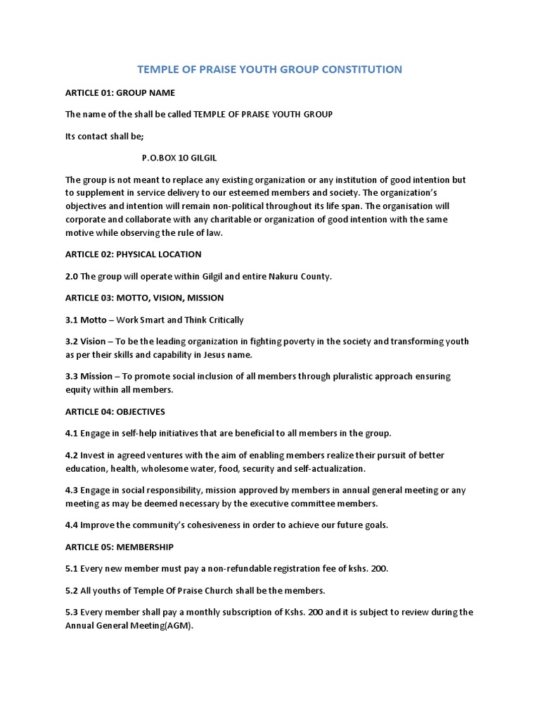 Temple of Praise Youth Group Constitution | PDF | Social Science