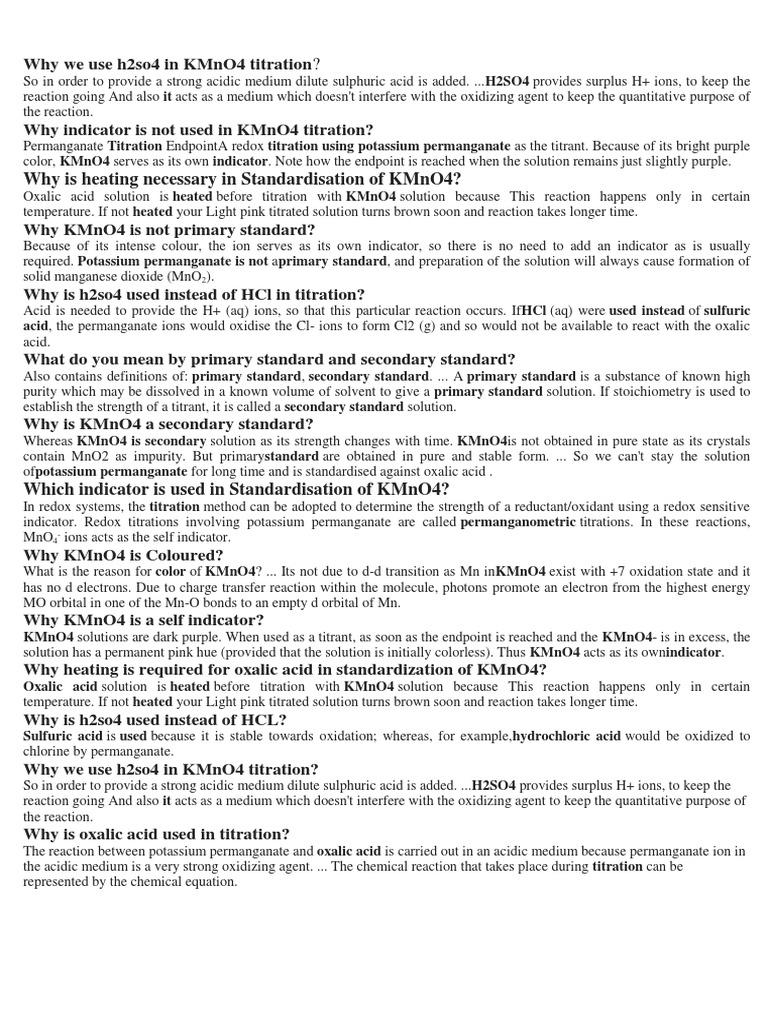 Why We Use H2so4 in KMnO4 Titration PDF Titration Chemistry