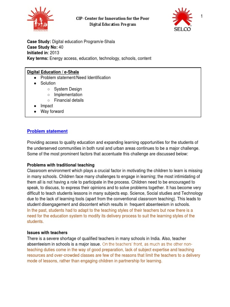 e-Shala: Digital Education Case Study | PDF | Teachers | Educational ...