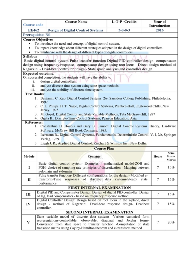 Digital Control Systems Course Outline | PDF | Control Theory | Applied ...