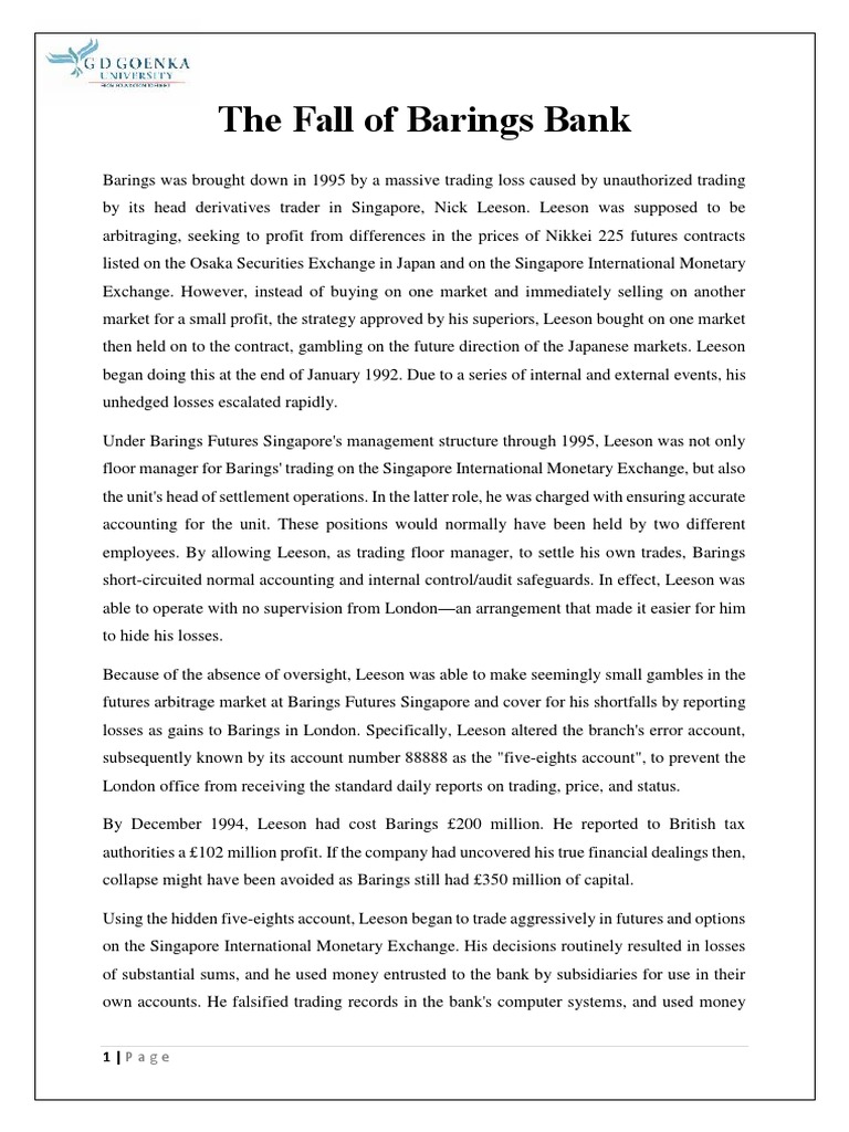 The Fall of Barings Bank PDF PDF Corporate Law Financial Services