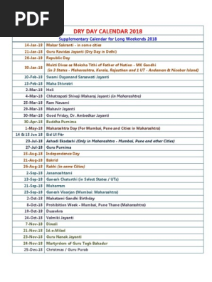 Dry Day Calendar 2018