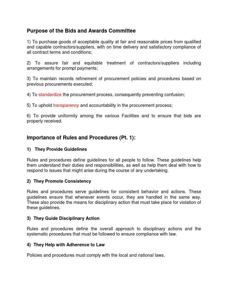 Purpose of The Bids and Awards Committee PDF Internal Control Regulatory Compliance